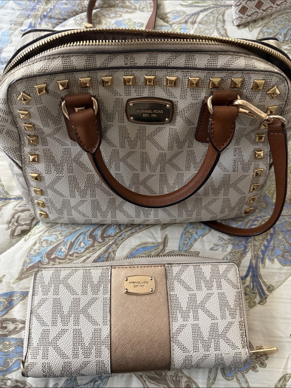 Michael Kors Beige MK Logo Satchel and Matching Wallet with Brown Trim